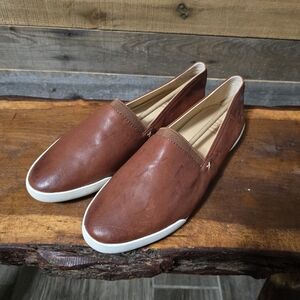 Frye Cognac Brown Leather Slip-On Loafers with White Rubber Trim